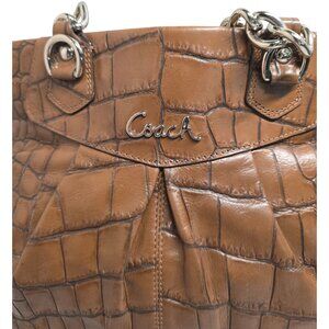 Coach Brown Croc Embossed Leather Handbag With Dual Straps & Silver Hardware
